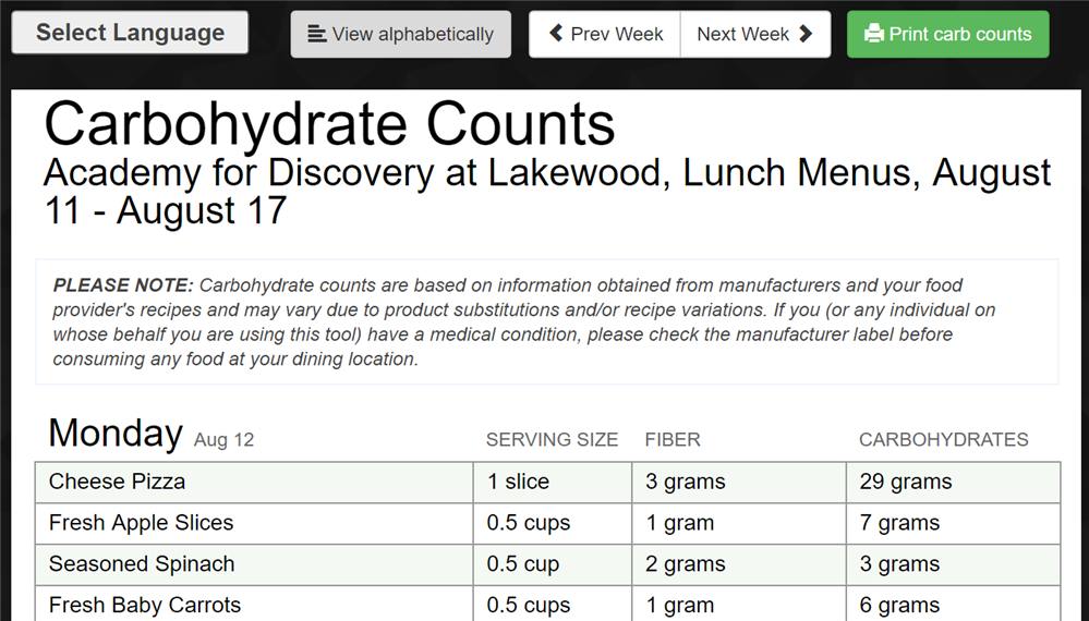 Pop-up Screen to show an example of how carbohydrate counts display on online menus.